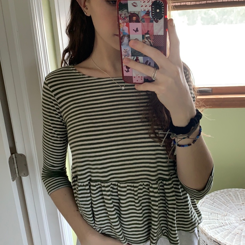 Striped green and white peplum top